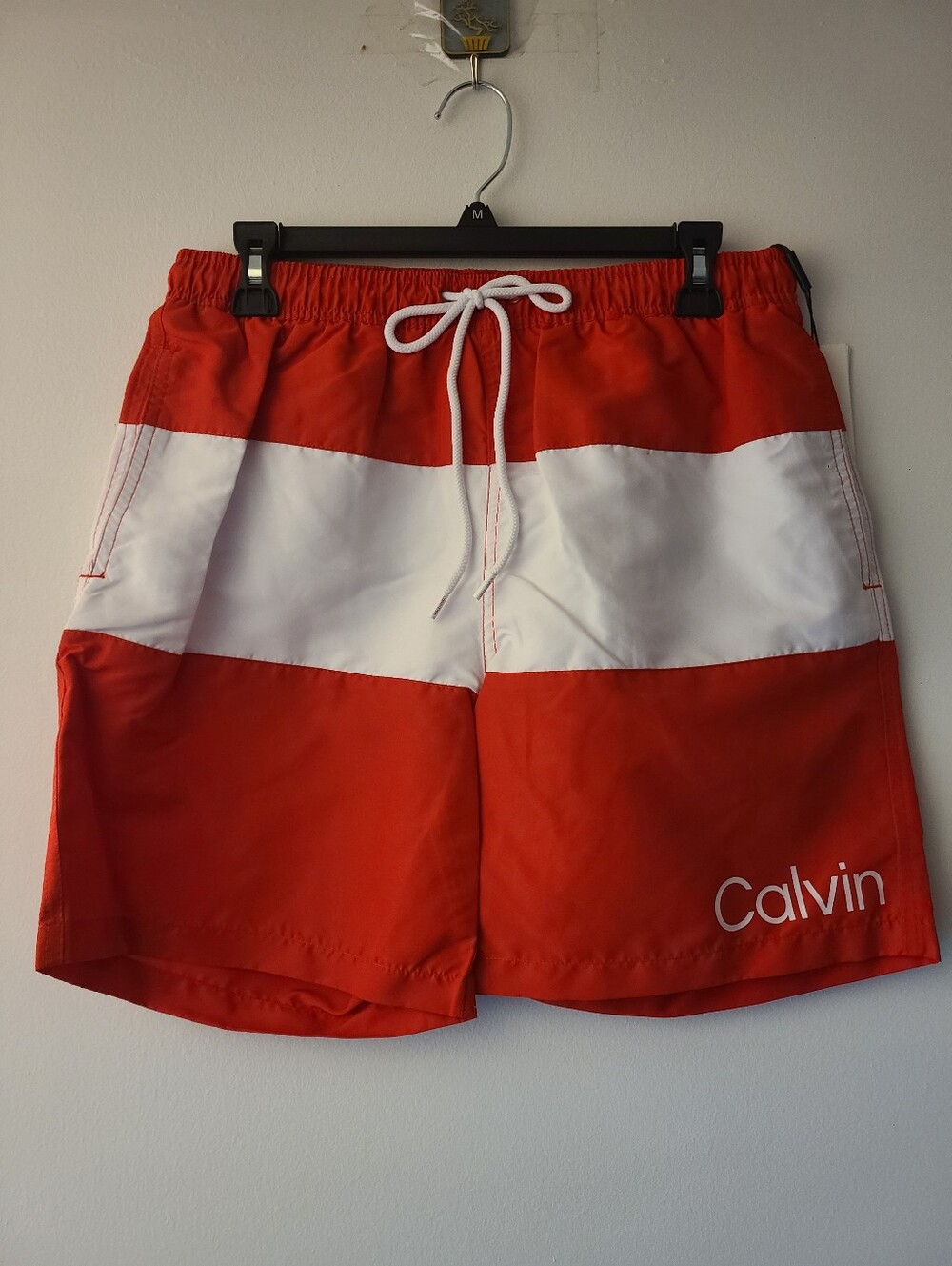 Calvin Klein Red and White Men’s Colorblock Swim Trunks Mens Size Medium